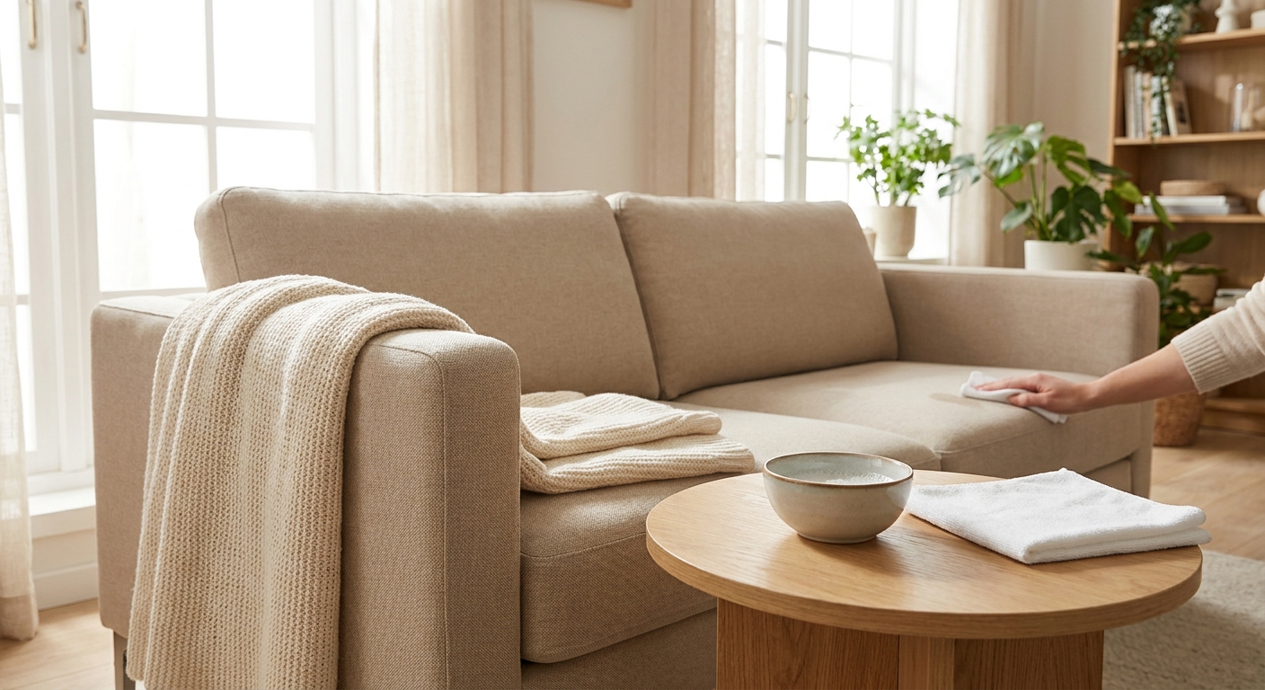A neutral acrylic or polyester upholstered sofa in a bright living room with a soft blanket on the arm, a small bowl of mild soap on a side table, and a clean white microfiber cloth ready for spot cleaning, realistic home photography