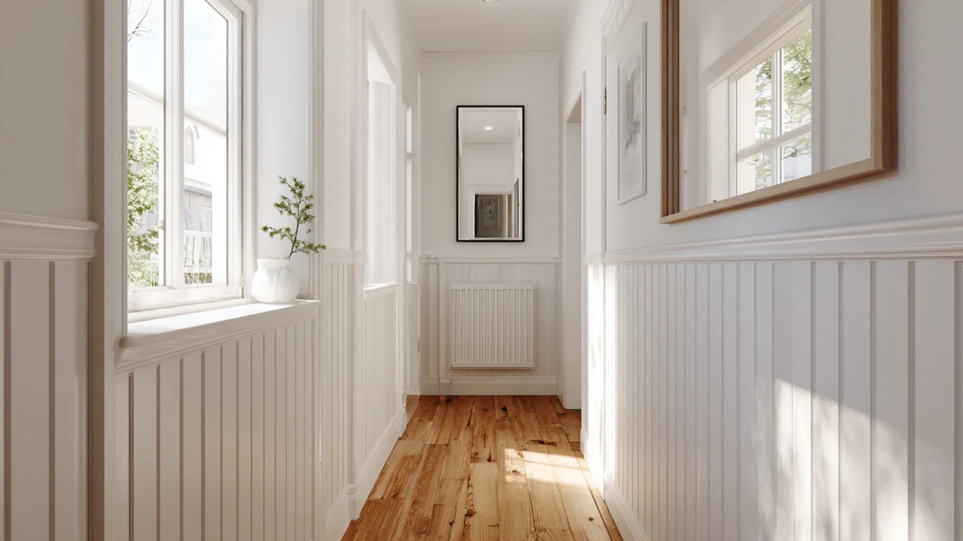 A neutral hallway wall with simple picture molding rectangles creating subtle shadow lines in natural light, realistic interior photograph