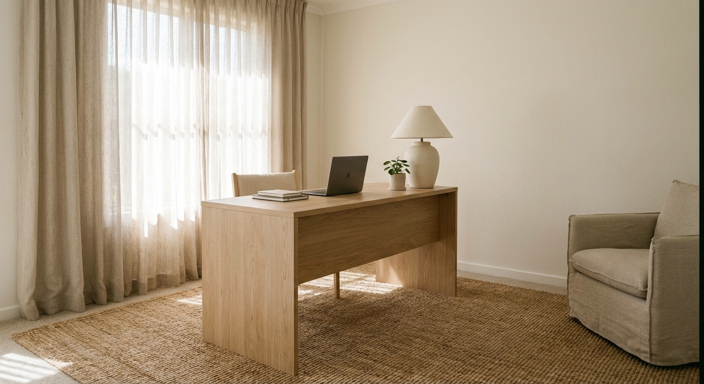 A neutral home office with a light wood desk, linen curtains, a woven rug, a matte ceramic lamp, and minimal desk accessories