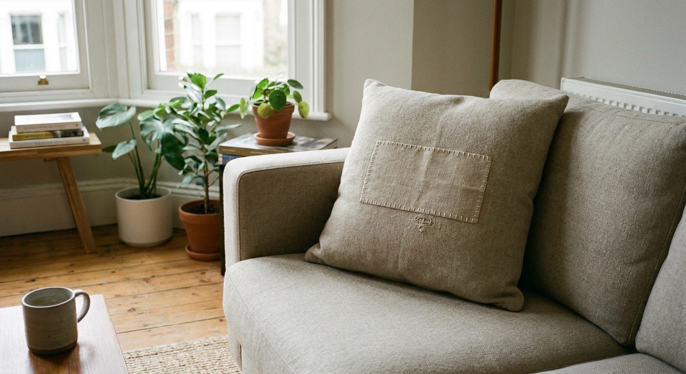 A neutral sofa cushion with a neatly stitched oatmeal linen patch covering a small damaged spot in a calm living room with soft natural light