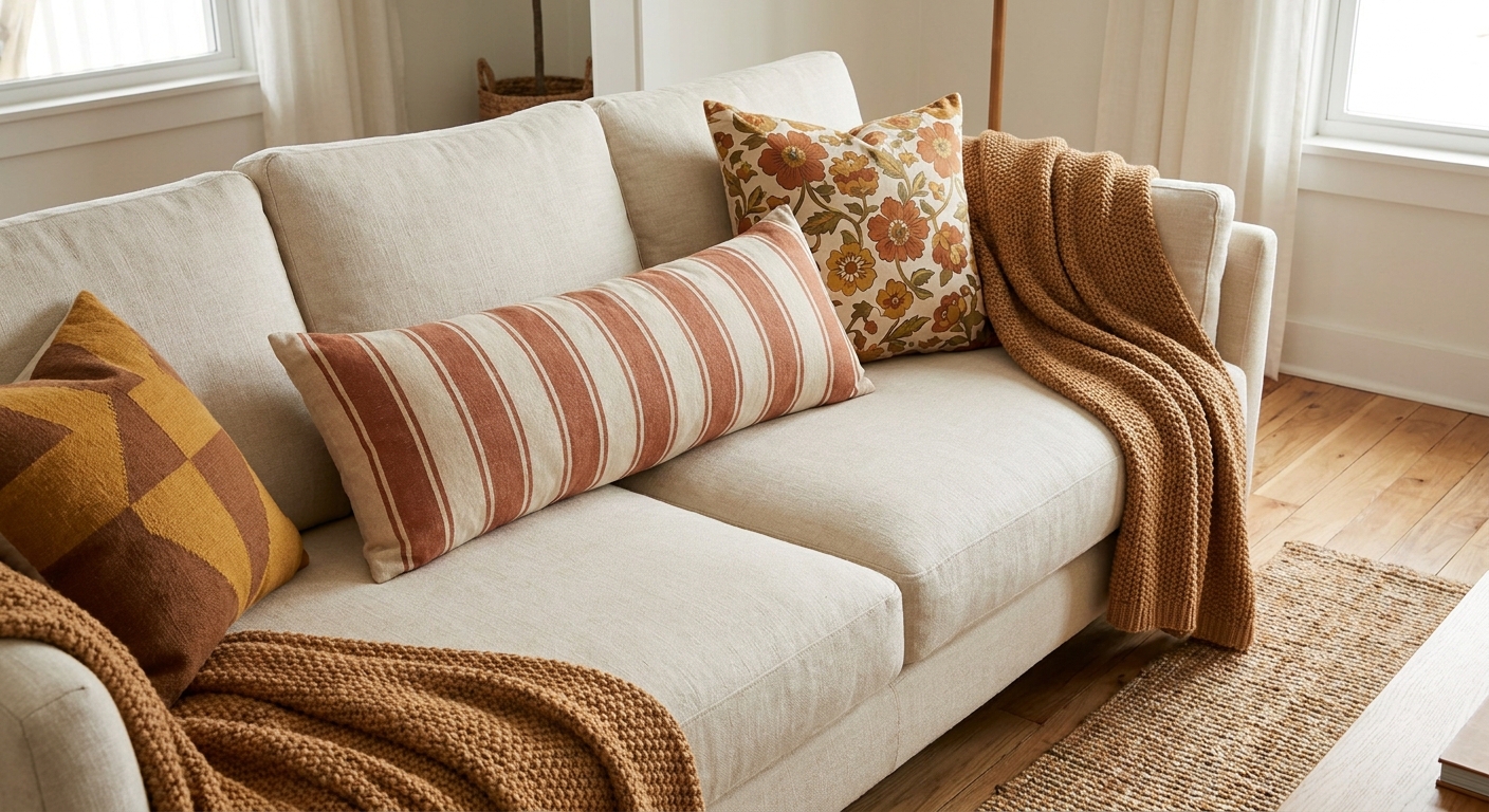 A neutral sofa styled with a wide-striped lumbar pillow, a medium-scale floral pillow, and a small geometric pillow, cohesive warm-toned color palette, realistic interior photo