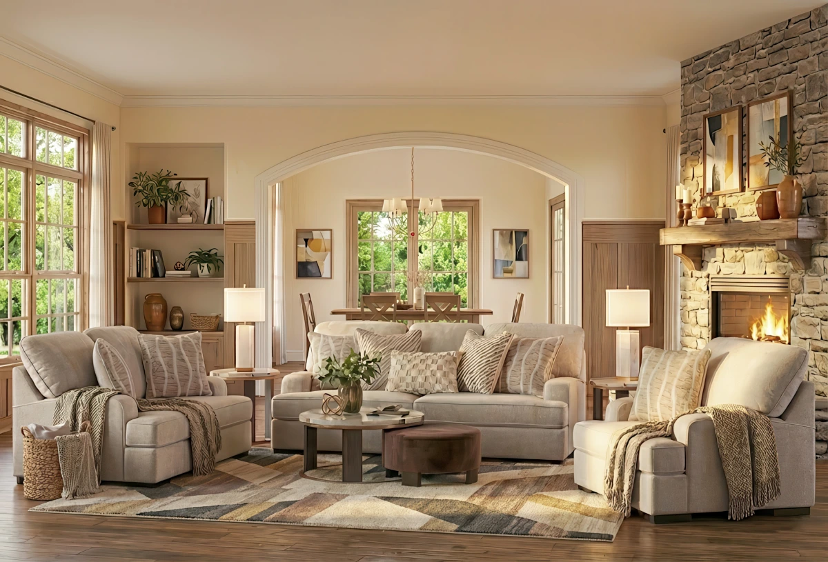 A neutral sofa with matching arm covers, a textured throw pillow, and a soft wool throw arranged neatly in a warm, inviting living room