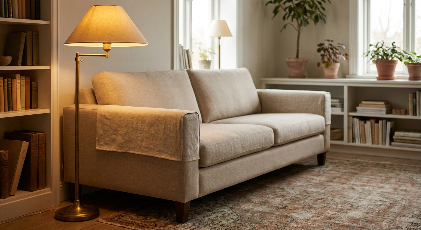 A neutral sofa with tailored linen arm covers in a warm, softly lit living room, with a vintage brass reading lamp glowing beside the couch