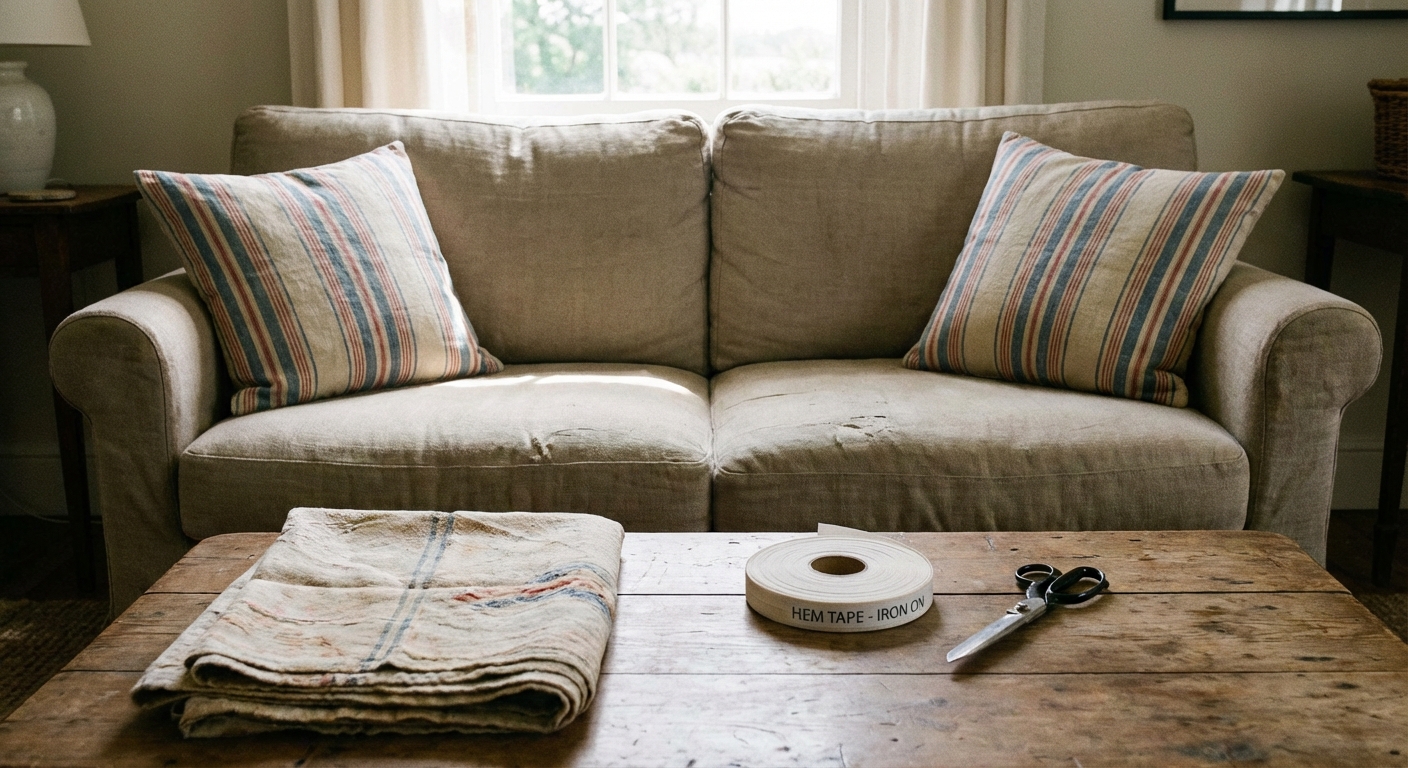A neutral sofa with two pillows in vintage striped linen covers, a folded textile and iron-on hem tape on a nearby coffee table, real photo