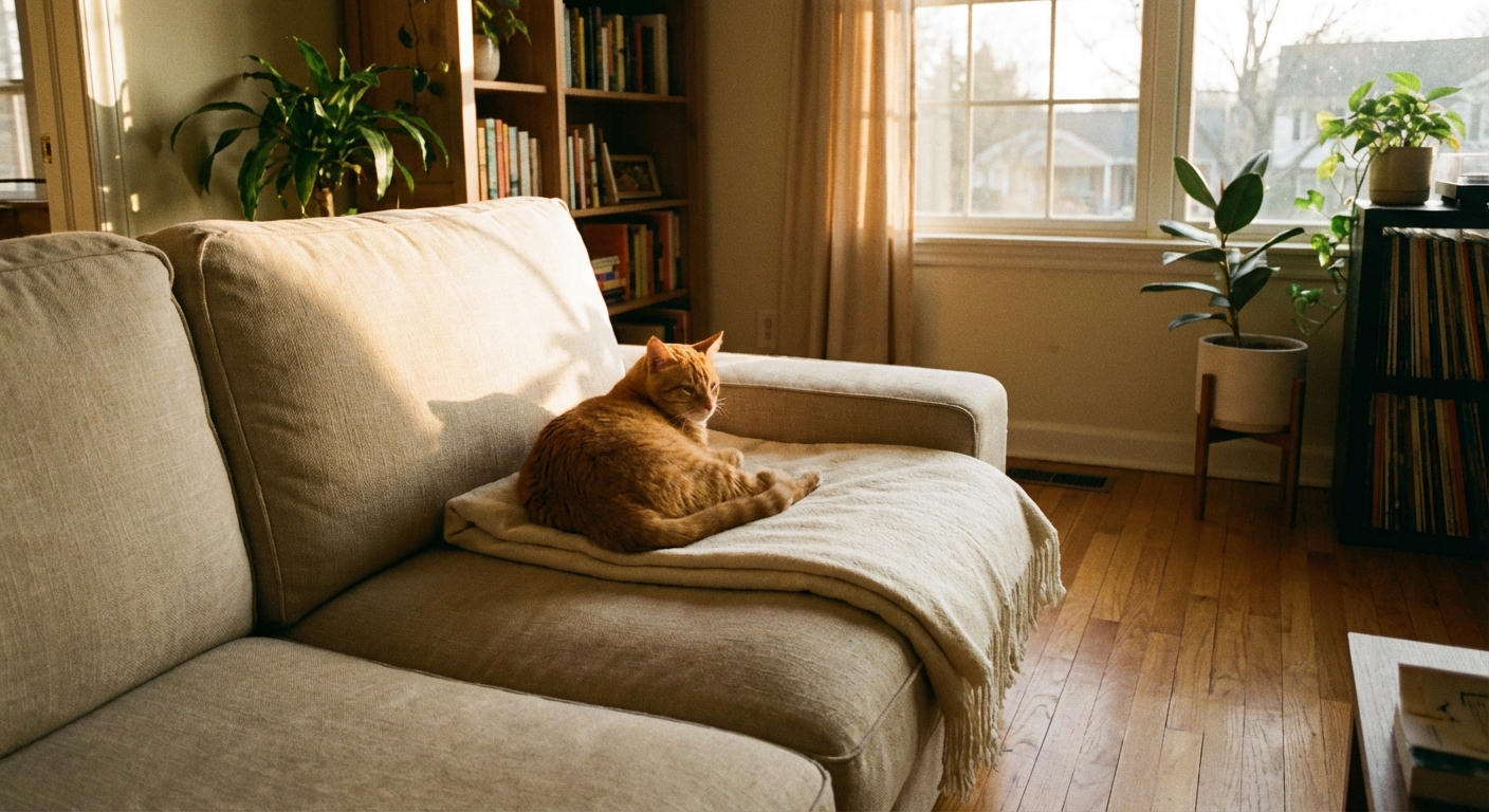 A neutral upholstered sofa with a soft washable throw blanket neatly draped over one cushion and a relaxed cat lounging on top in warm evening light, real photograph