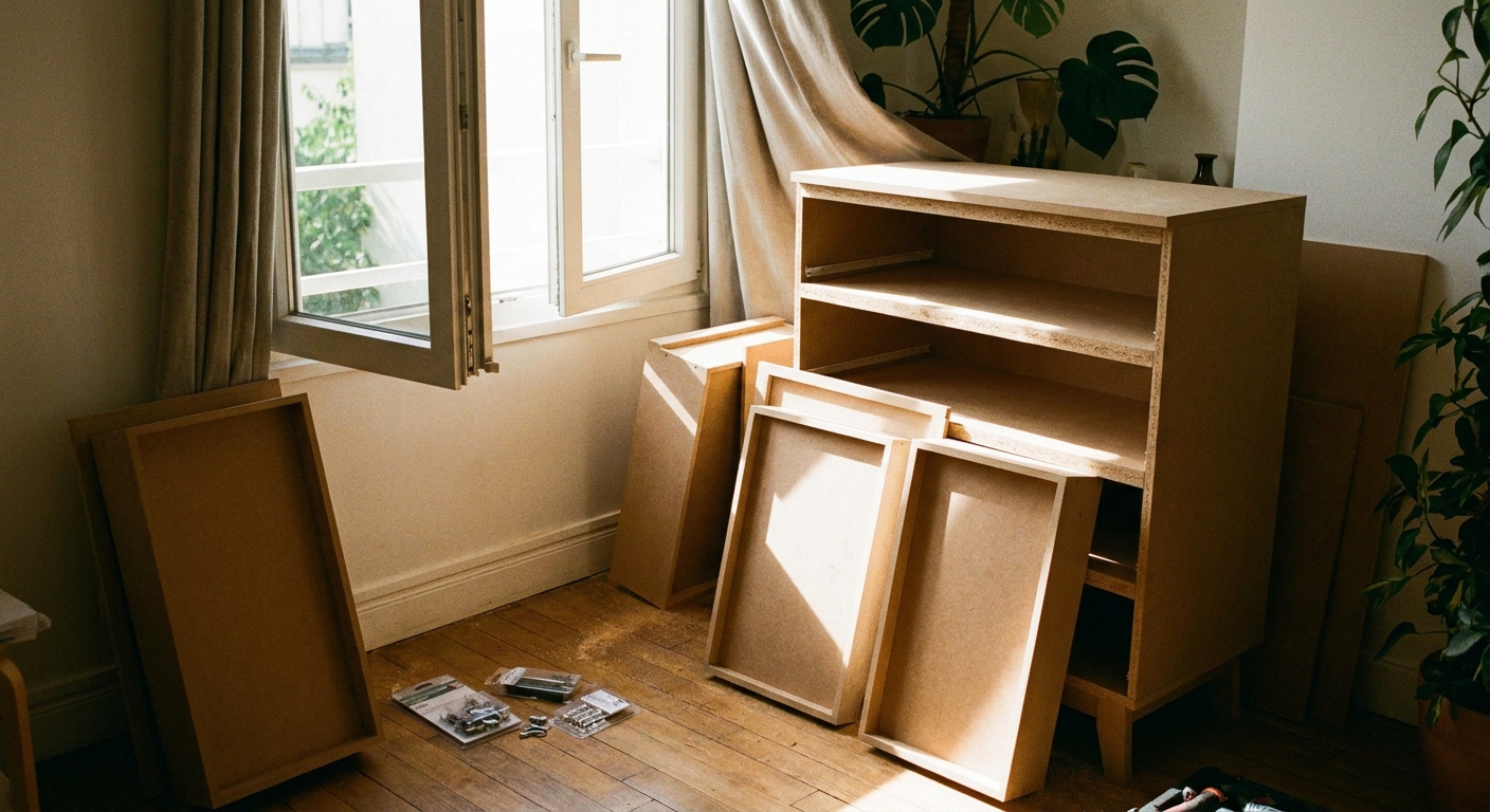 A newly assembled MDF dresser placed near an open window with drawers removed and set nearby to air out in daylight