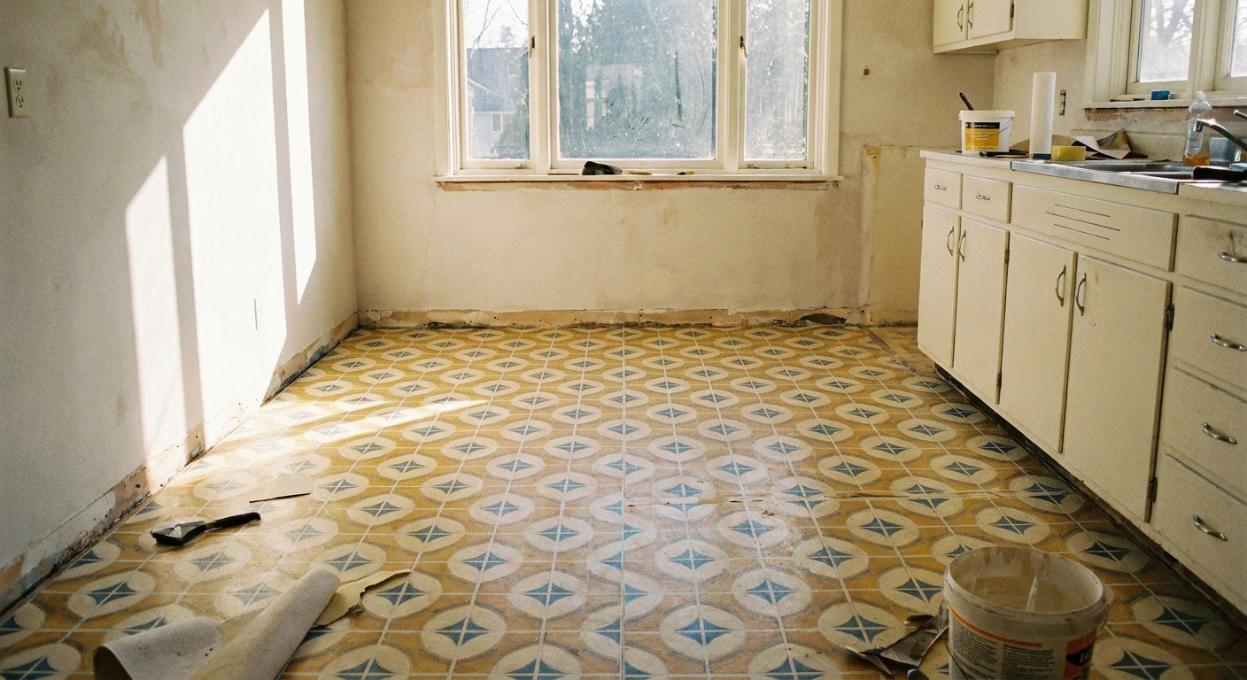 A newly installed linoleum sheet floor in a bright kitchen, with baseboards removed and sunlight coming through a window
