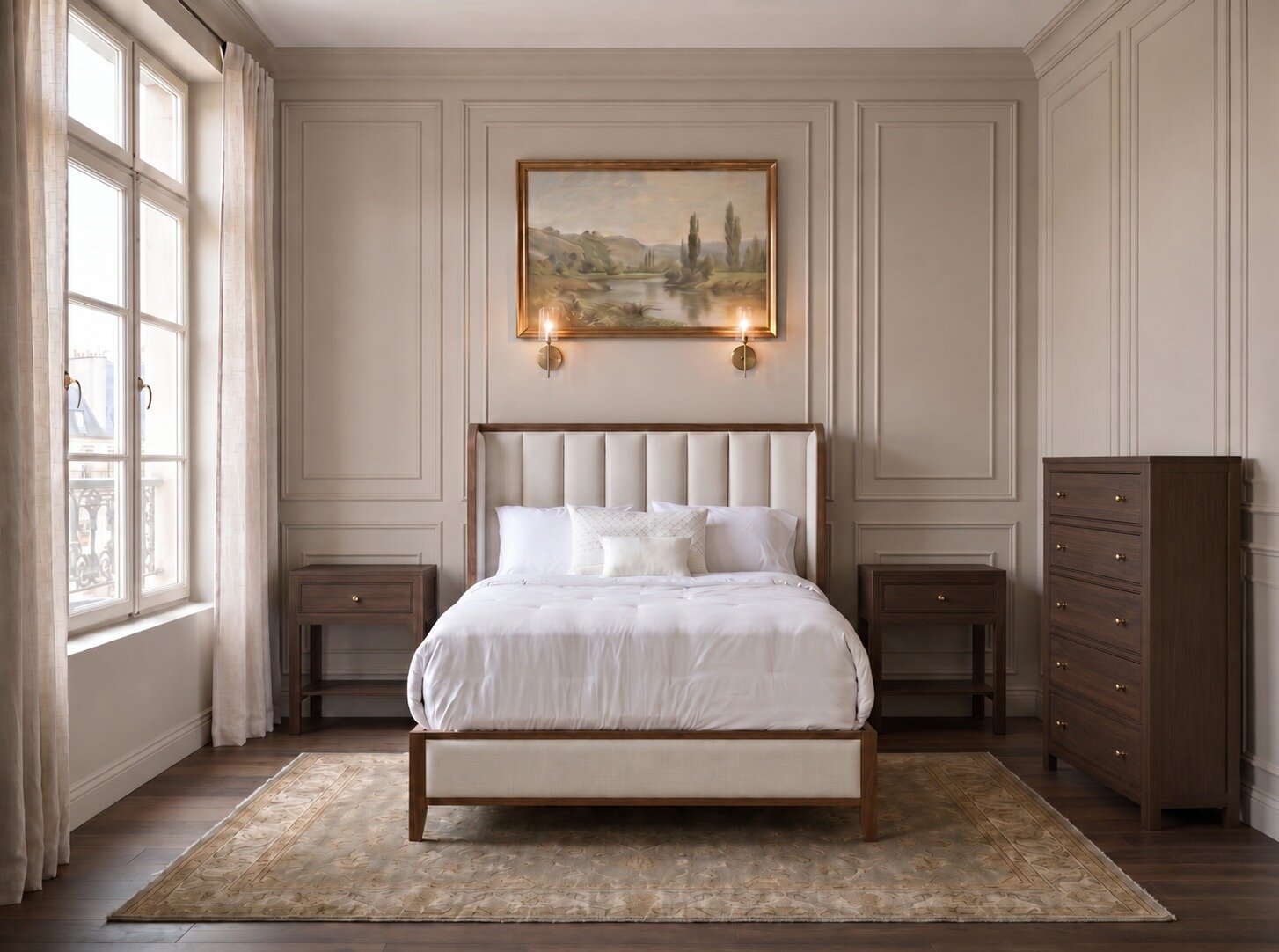 A newly installed upholstered fabric headboard in a bright bedroom, with daylight coming through an open window and fresh bedding on the bed
