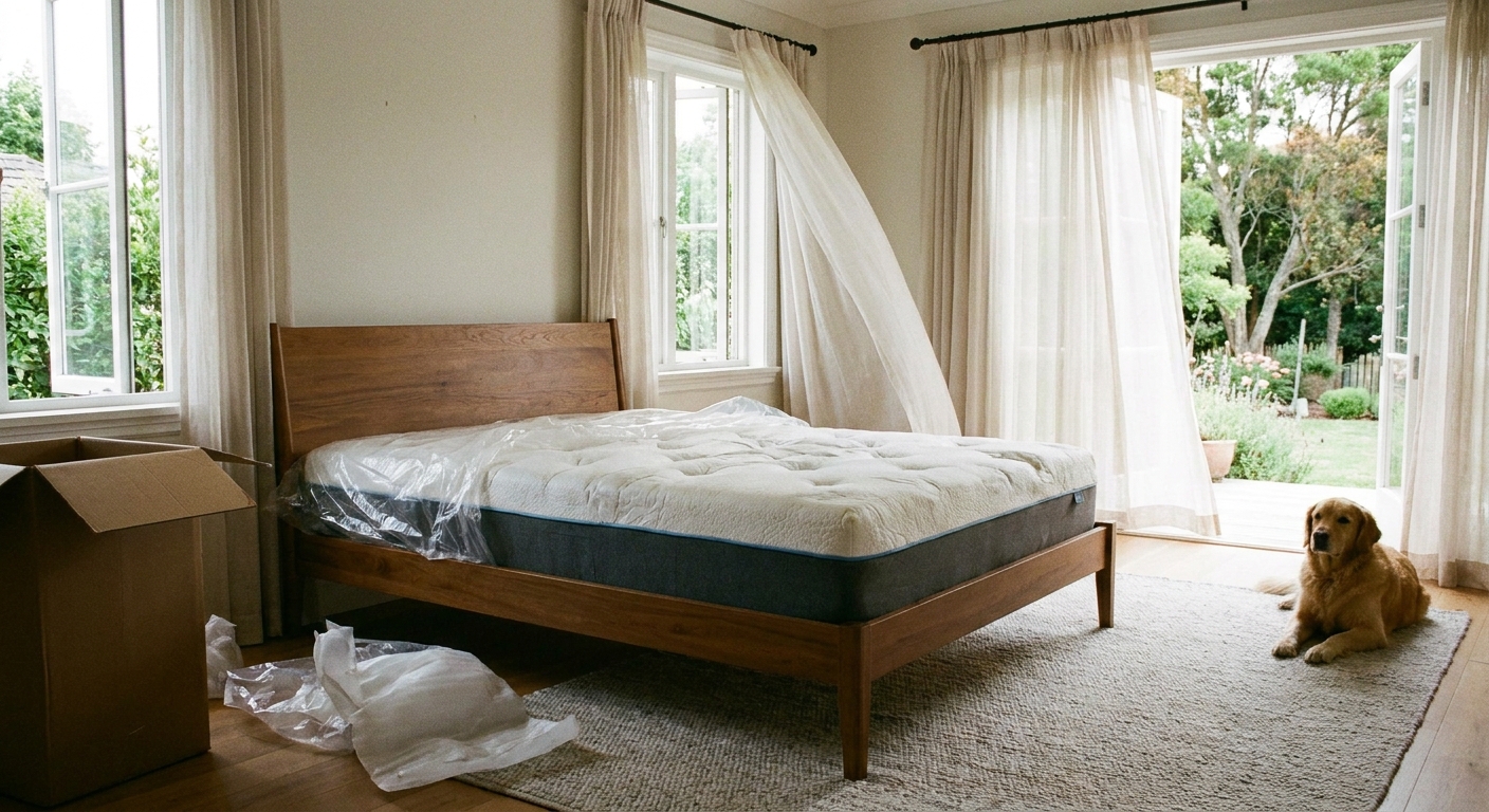 A newly unboxed memory foam mattress expanding on a bed frame in a bright bedroom with open windows.
