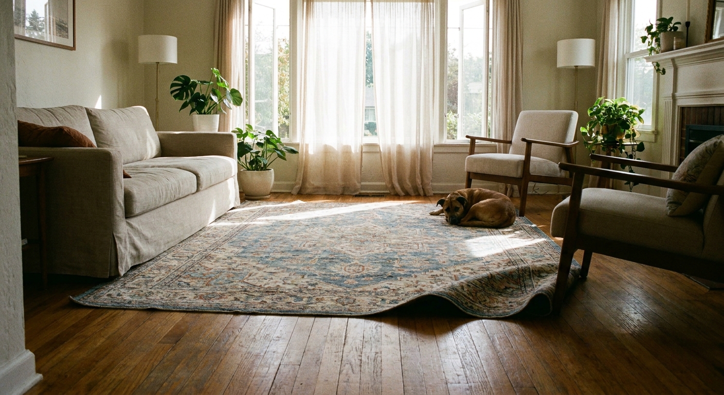 A newly unrolled area rug laid flat on a hardwood floor in a bright living room with open windows and soft daylight, real home photography style