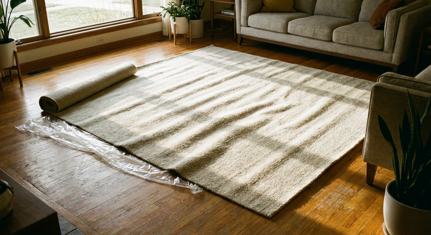 A newly unrolled area rug with visible ripples and gentle waves on a hardwood living room floor in natural window light, real photo
