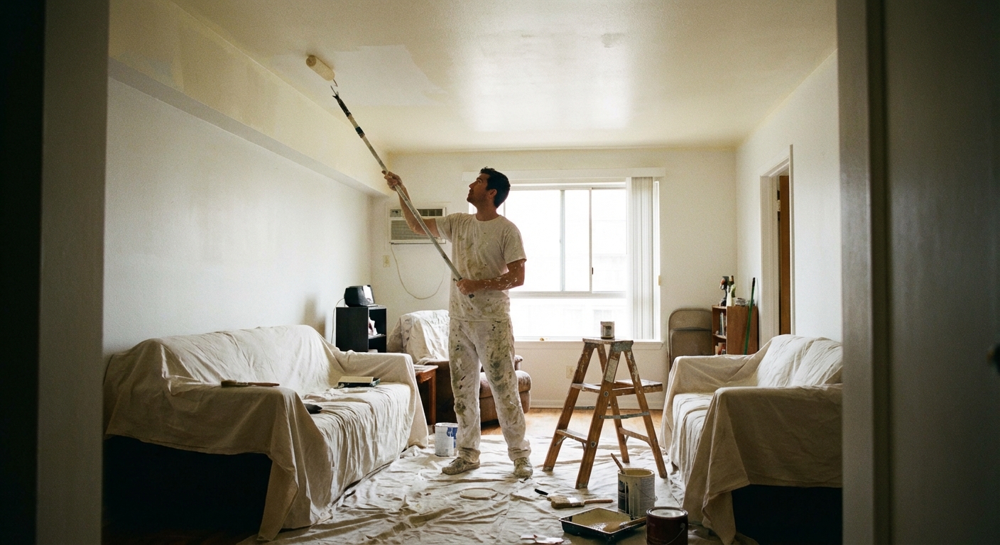 A painter using a roller to apply light paint to a low apartment ceiling, with drop cloths and a small step ladder, realistic home renovation photography style