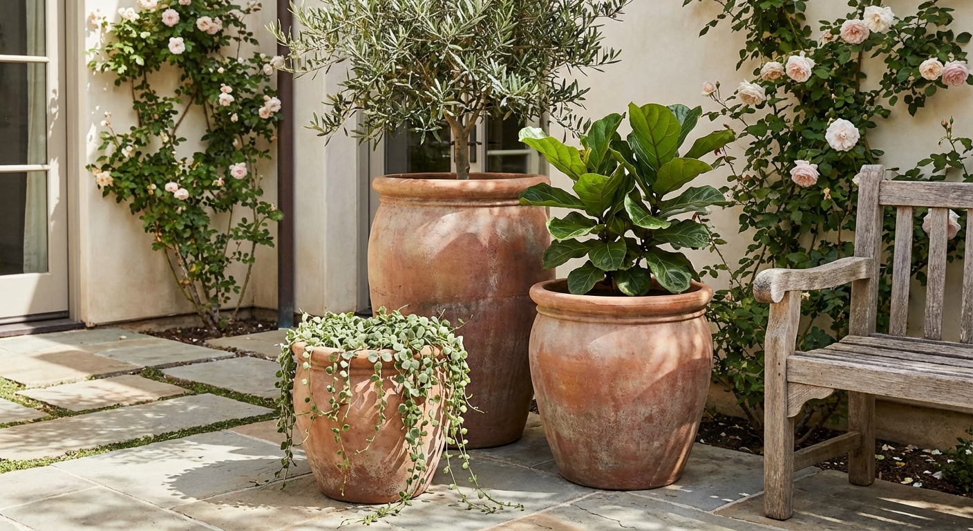 A patio corner with three planters in coordinated pots, featuring a tall tree, a medium leafy plant, and a trailing vine spilling over the rim