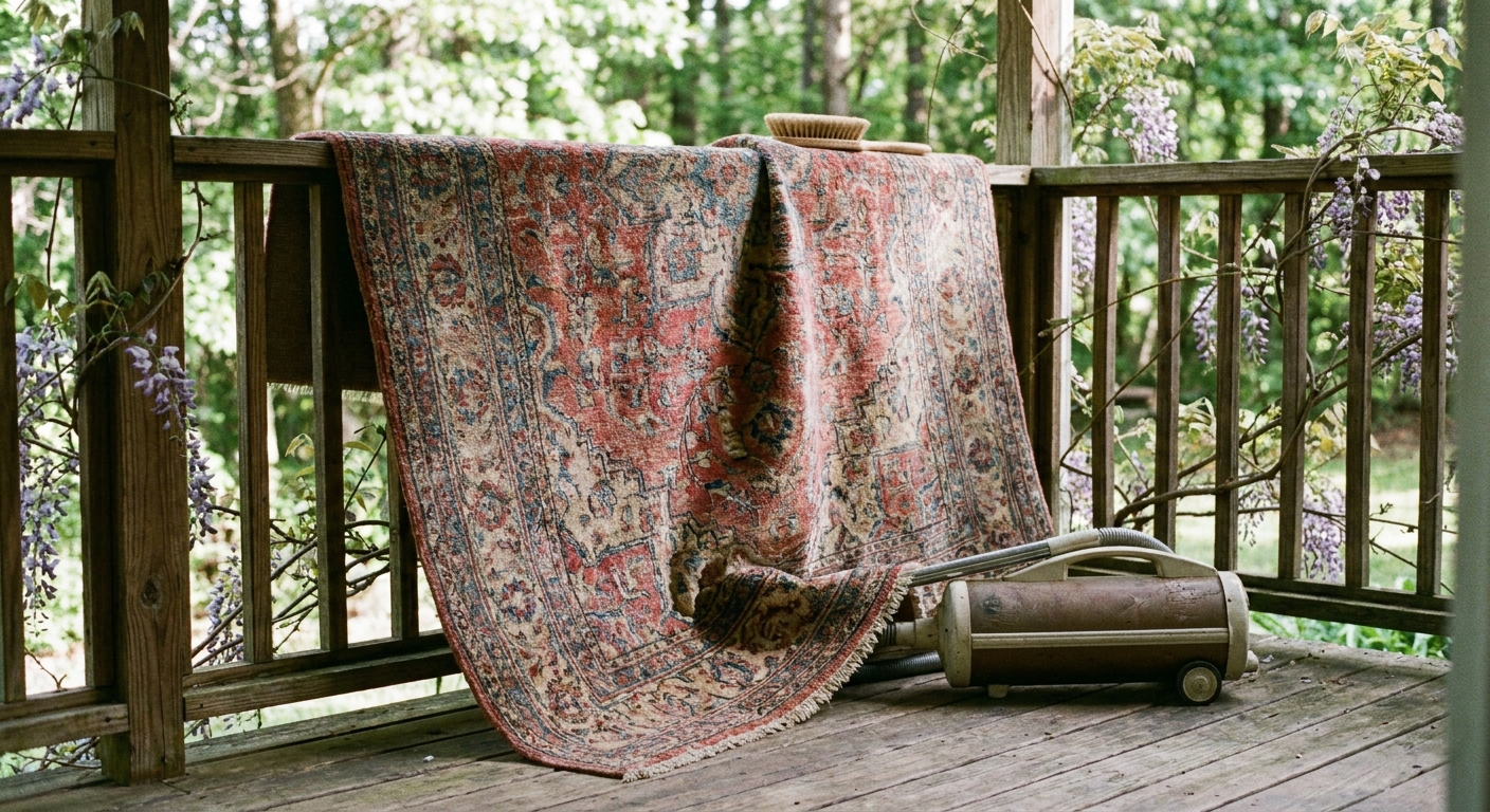 A patterned wool rug draped over a porch railing in open shade, with a soft brush and a vacuum nearby