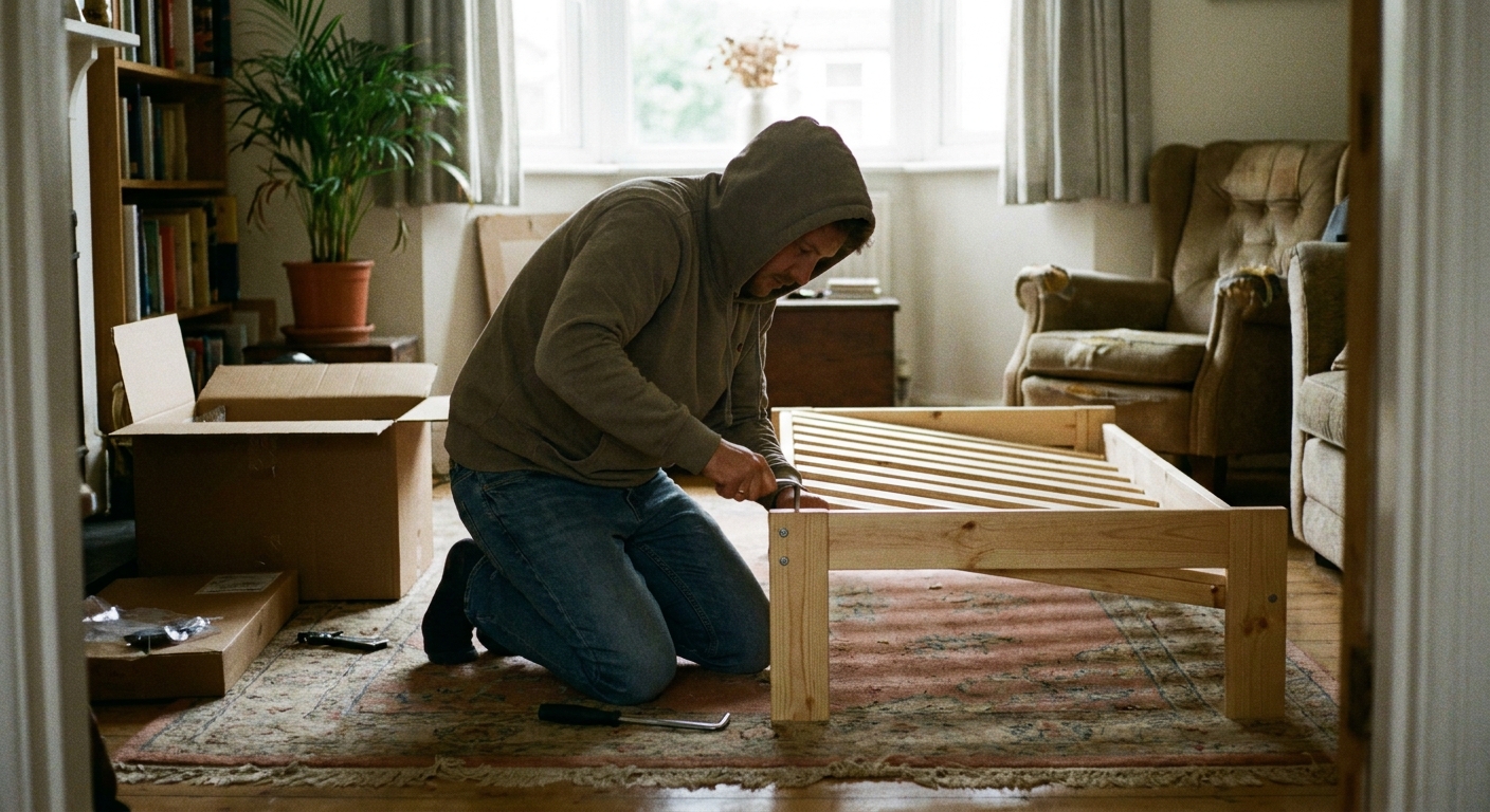 A person crouched beside a wooden futon frame tightening a bolt with an Allen key in a small living room, candid home photo.