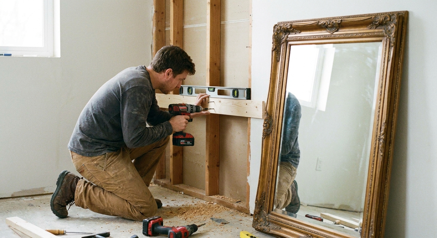A person drilling screws through a wooden French cleat into wall studs while holding a level, with a large framed mirror leaning nearby