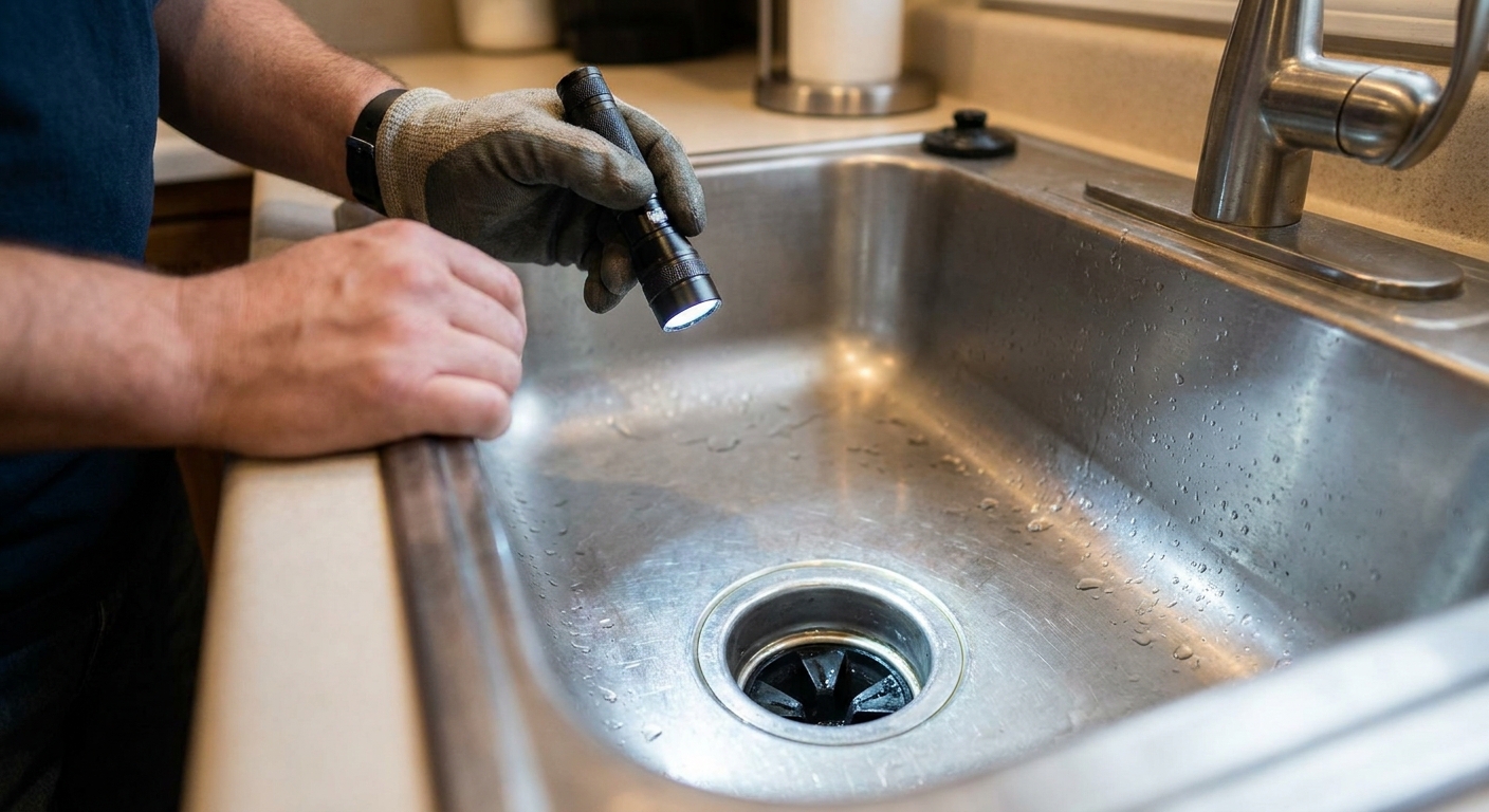 A person holding a flashlight over a stainless steel kitchen sink, illuminating the inside of a garbage disposal through the drain opening, photo