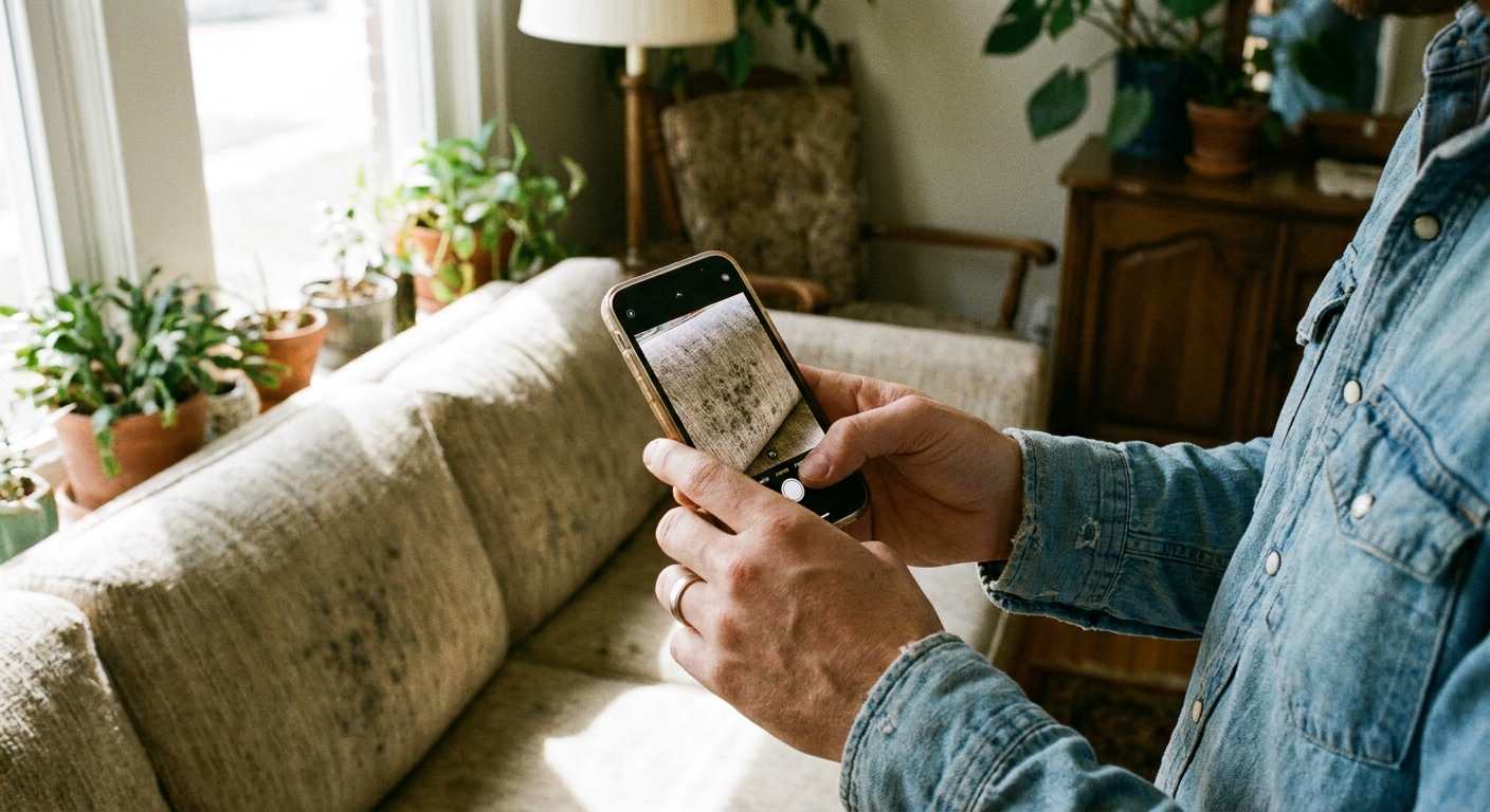 A person holding a phone taking a close-up photo of mildew spots on a fabric sofa cushion in natural window light