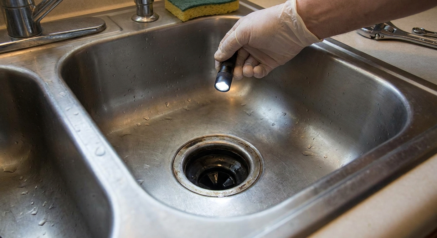 A person holding a small flashlight over a stainless steel kitchen sink drain to inspect the garbage disposal opening, realistic home maintenance photo