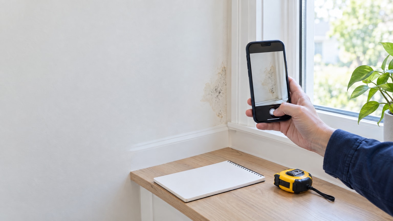 A person holding a smartphone taking a photo of a damp, mold-speckled bedroom wall behind a bed