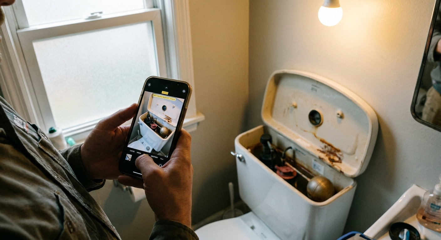 A person holding a smartphone taking a photo of an open toilet tank for a maintenance request, with the bathroom softly lit and the tank components visible