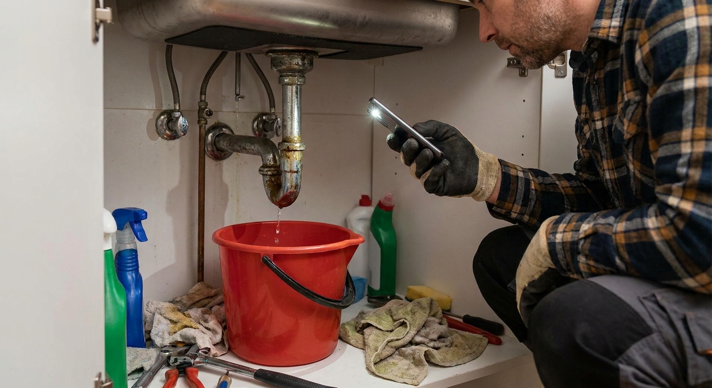 A person holding a smartphone under a kitchen sink, photographing a small drip at a pipe connection with a bucket below, realistic photo