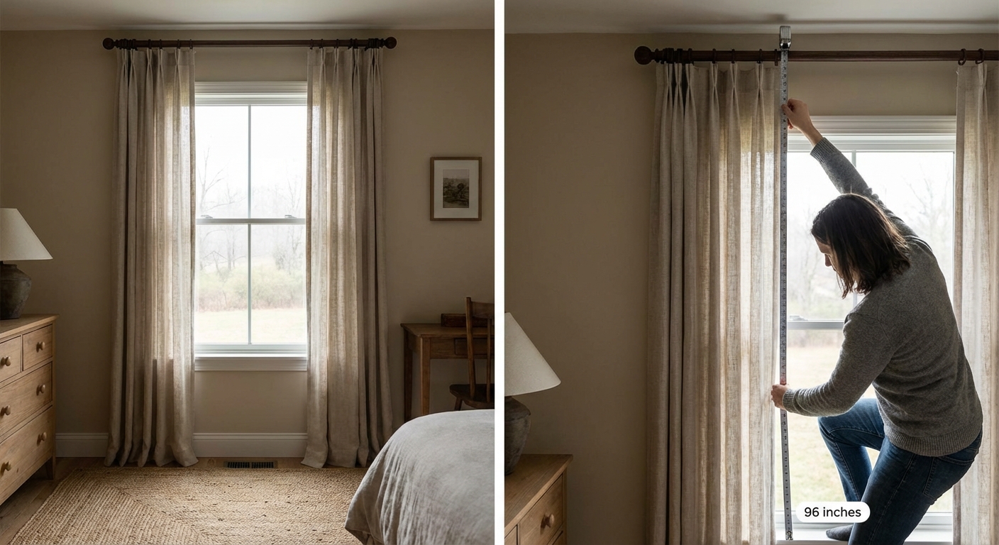 A person holding a tape measure up to a mounted curtain rod beside a window, measuring down toward the floor in a neutral-toned room