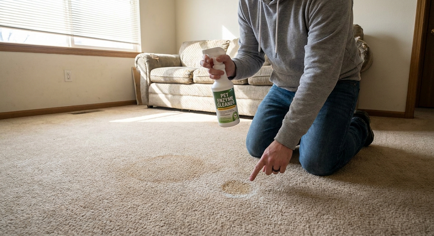 A person in a rental living room holding a pet enzyme cleaner bottle next to a small cleaned area on wall-to-wall carpet, natural indoor light, realistic photo