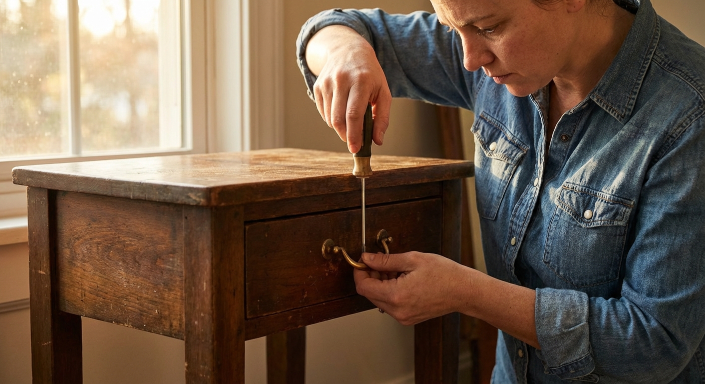A person installing a warm brass drawer pull on a vintage wooden side table using a screwdriver, soft afternoon light, real photo