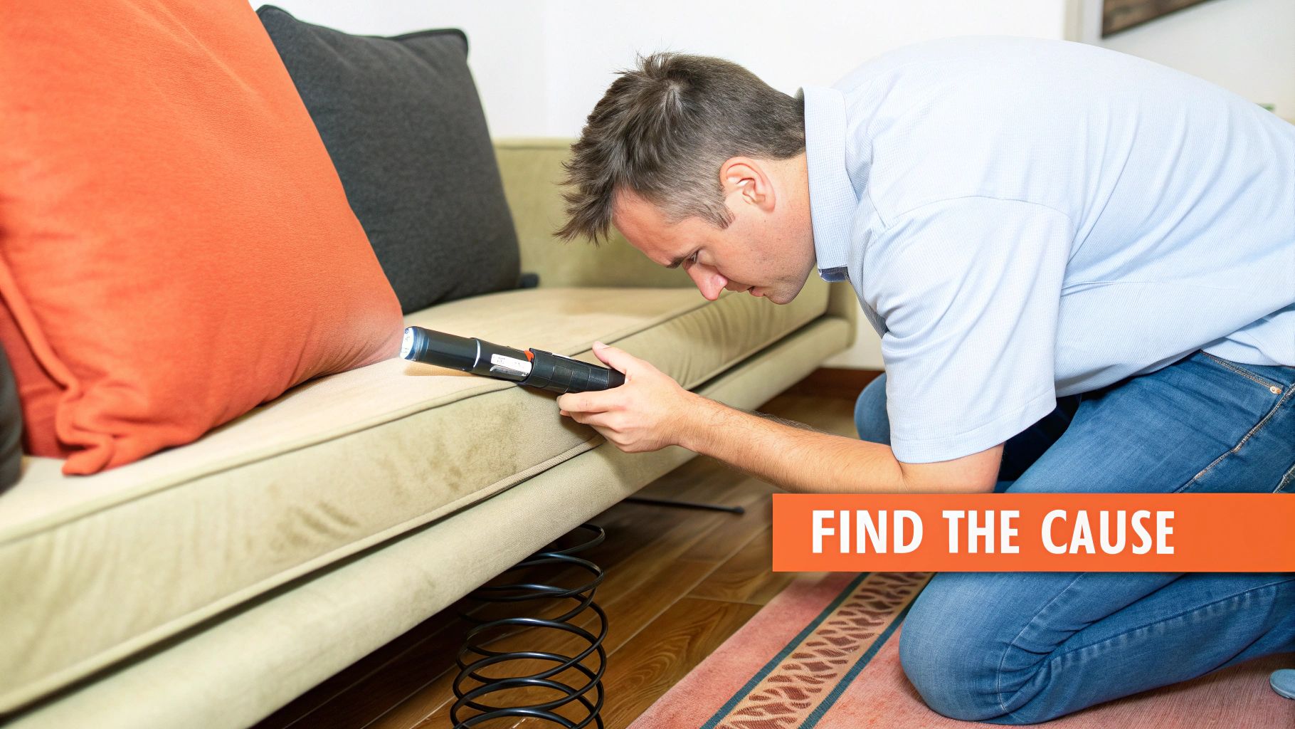 A person kneeling beside a sofa using a flashlight to inspect the underside frame rails and metal brackets, close-up home repair photo
