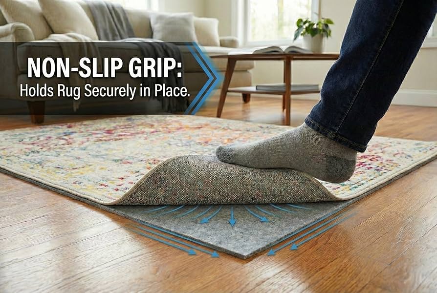 A person kneeling on a light tile floor trimming a thin non-slip rug pad with scissors to fit under a hallway runner
