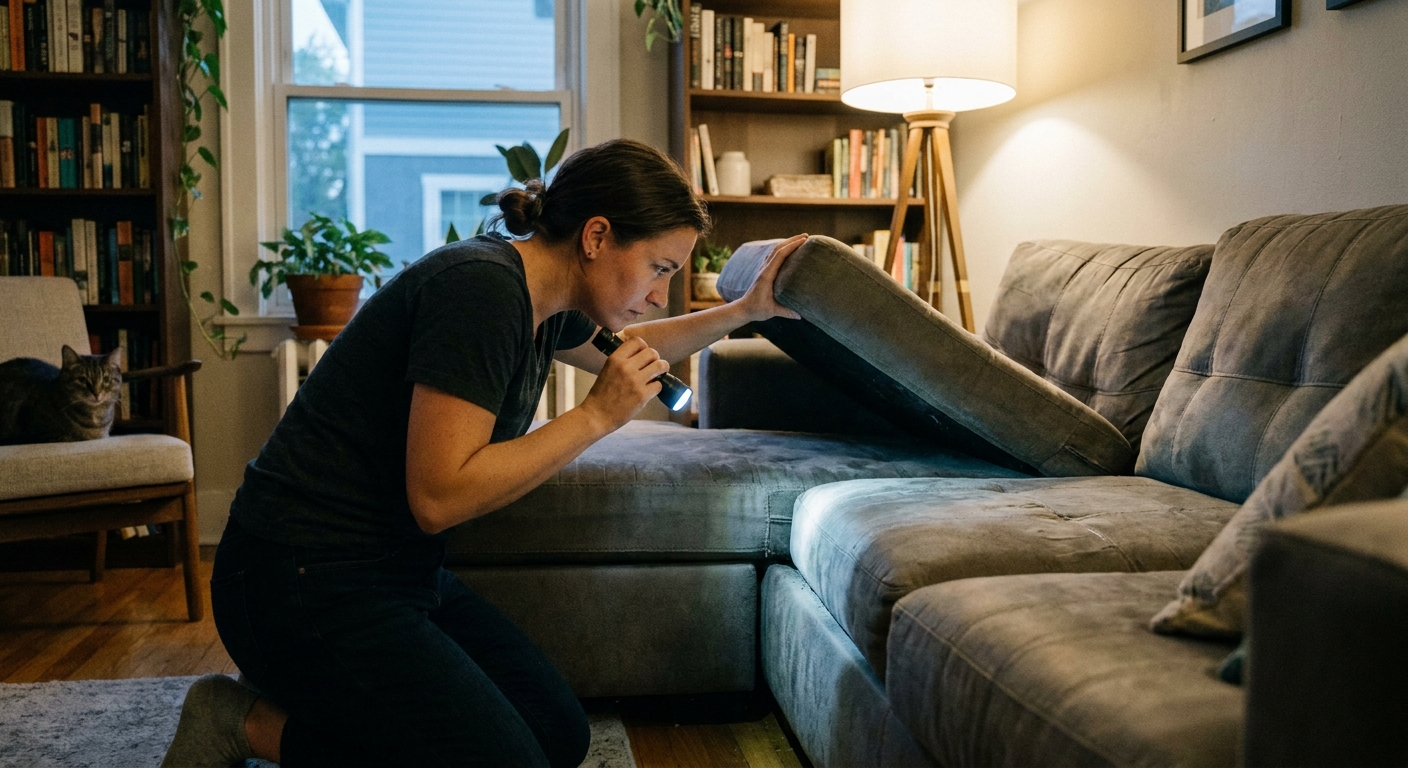 A person lifting a sofa cushion and shining a small flashlight into the seam of a gray couch in a softly lit living room