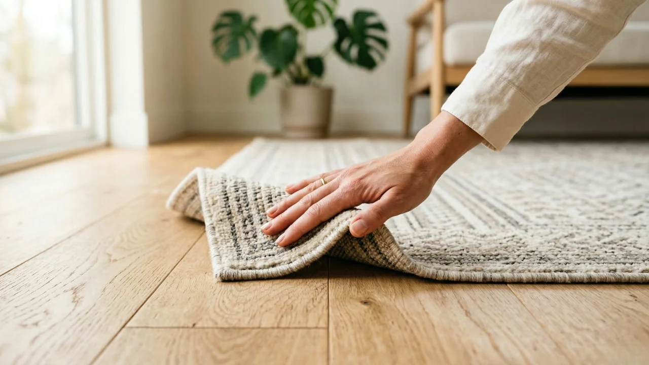 A person lifting the corner of a large neutral area rug in a bright living room to check the floor underneath