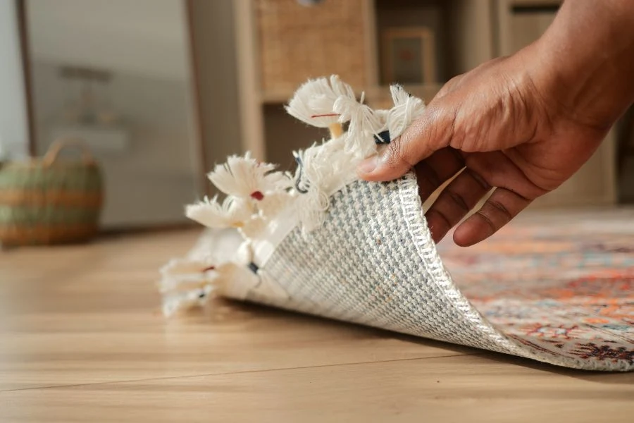 A person lifting the corner of an area rug to place dry towels underneath for drying after a spill