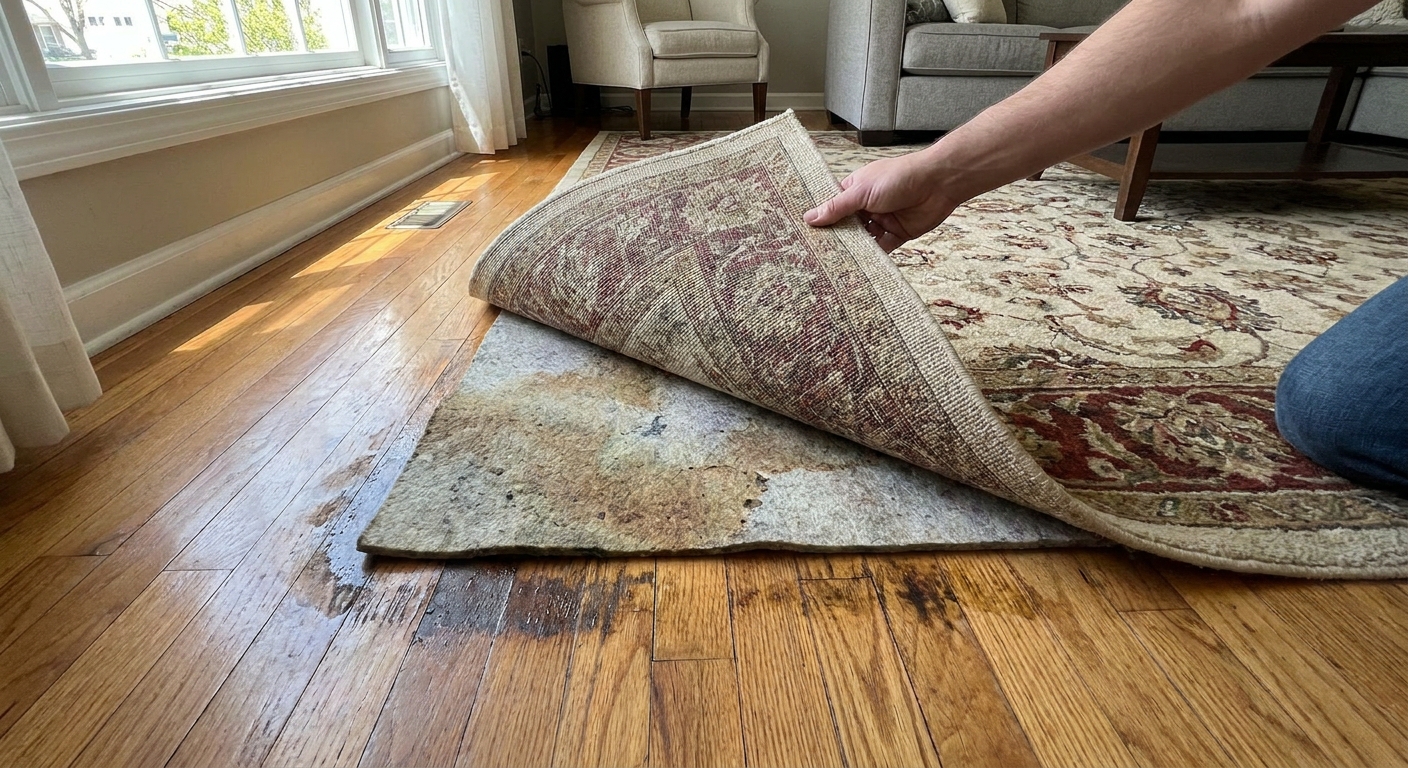 A person lifting the corner of an area rug to reveal a damp rug pad and hardwood floor beneath, realistic indoor photograph