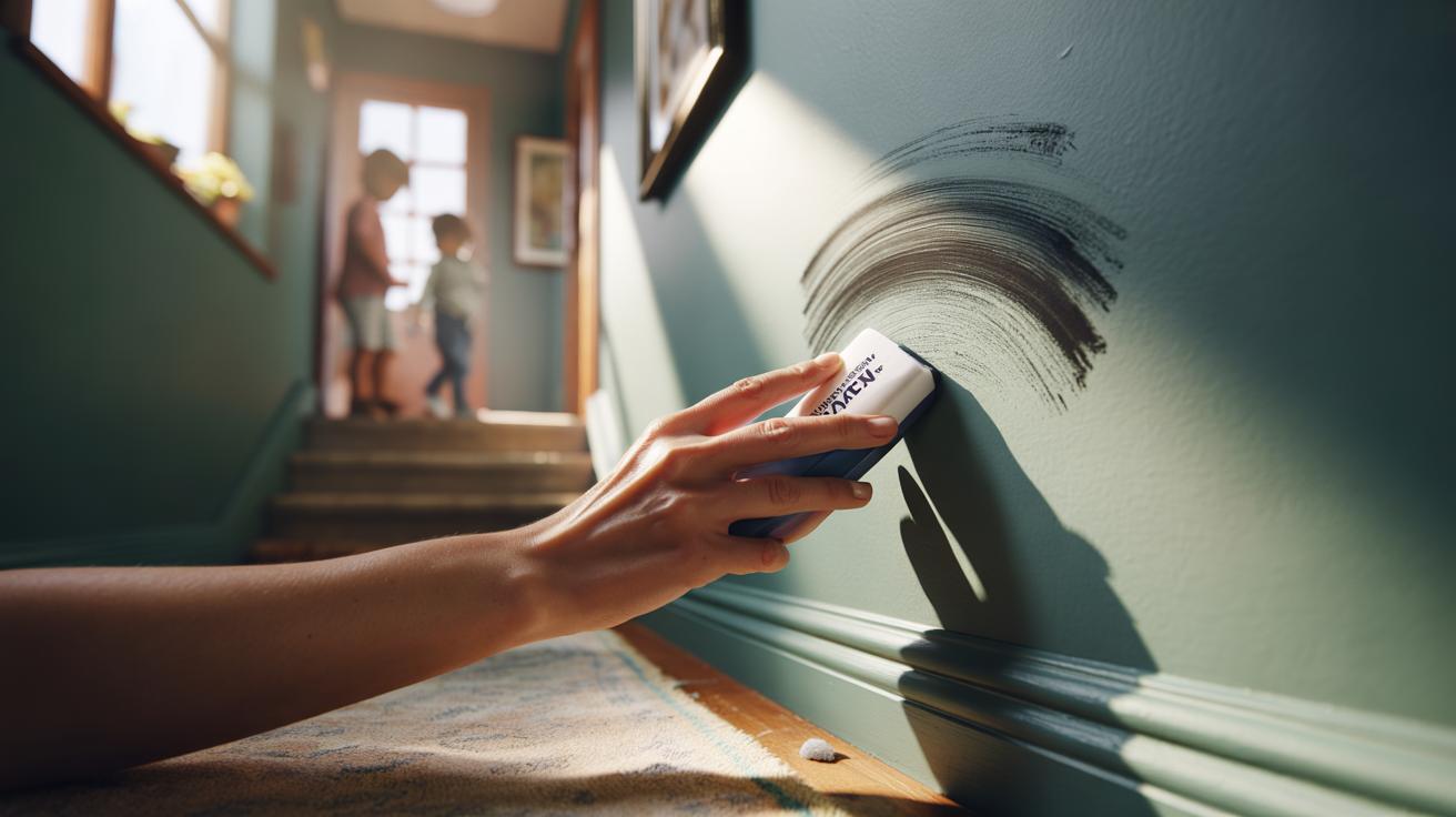 A person lightly wiping a satin-finish painted wall with a damp melamine sponge near a light switch, real home photo