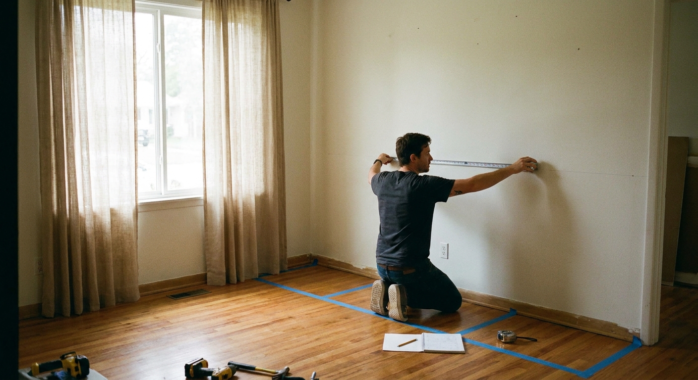 A person measuring a living room wall with a tape measure, blue painter's tape marking cabinet widths on the floor, daylight coming through linen curtains