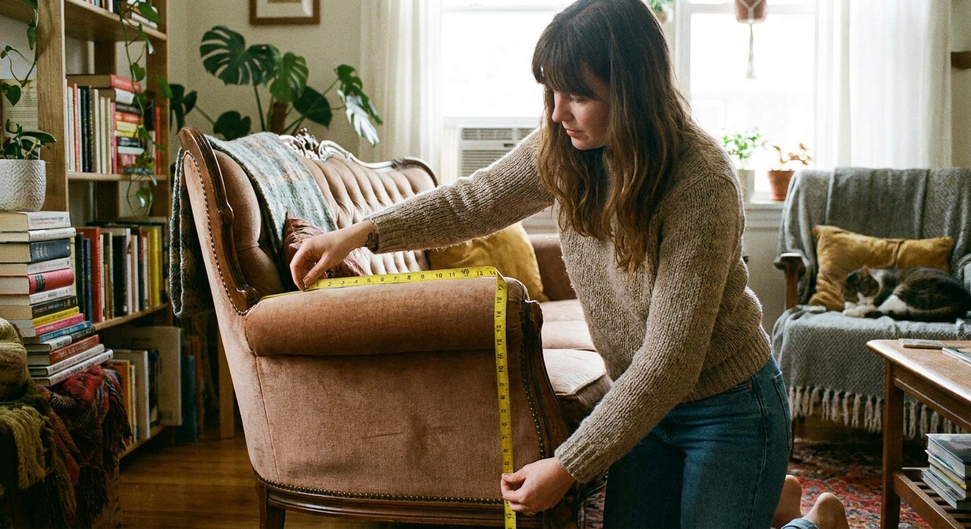 A person measuring a sofa arm with a flexible tape measure in a cozy living room, focusing on the width and height of the armrest