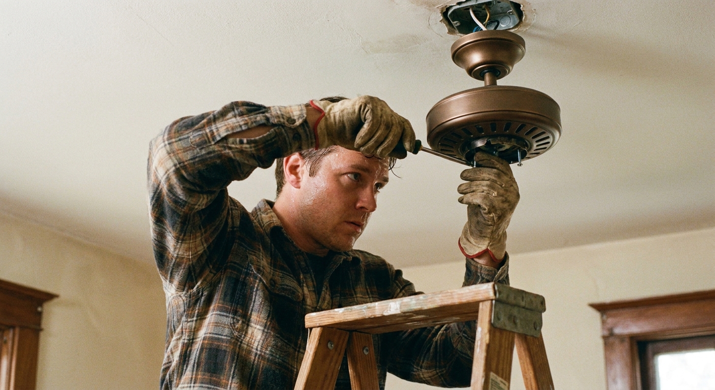 A person on a step stool tightening screws on a ceiling fan canopy with a screwdriver, close-up photo