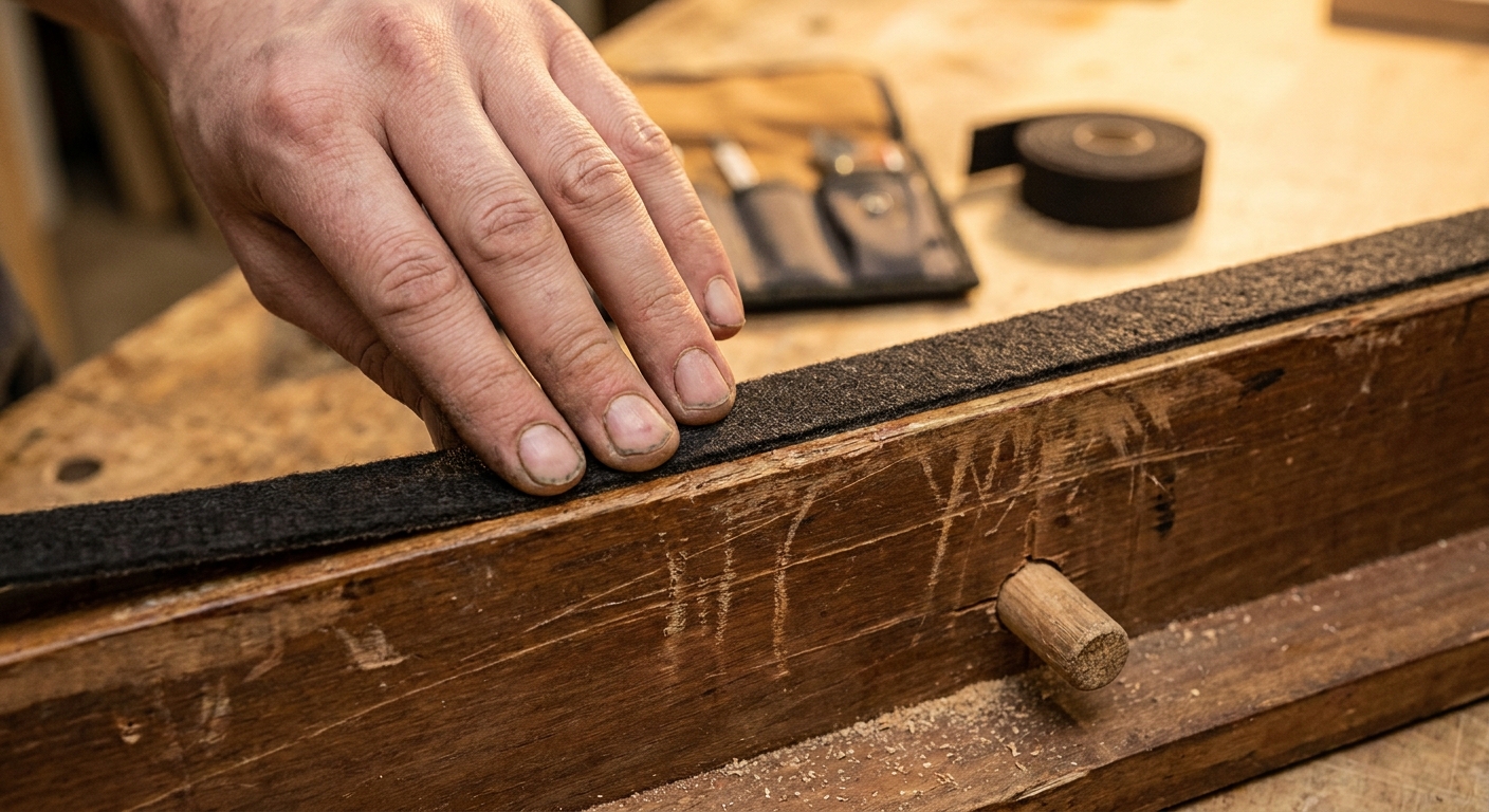 A person pressing a thin adhesive felt strip onto a wooden sofa frame rail near a joint on the underside, close-up repair photo