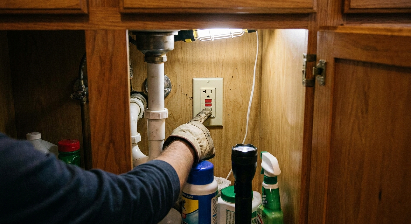 A person pressing the reset button on a GFCI outlet inside a kitchen sink cabinet, realistic home repair photo