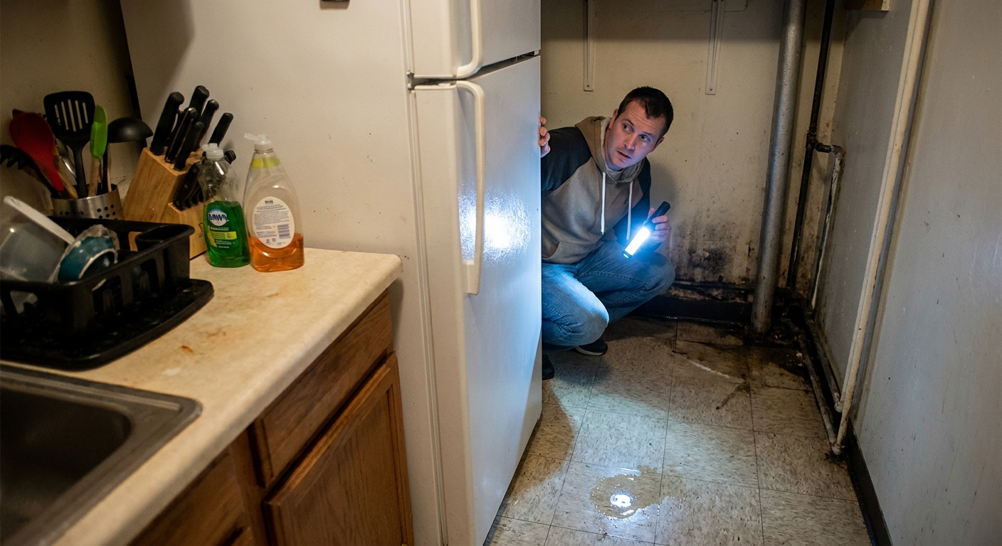 A person shining a flashlight behind a refrigerator in a small apartment kitchen, looking for the source of a water leak near the back wall, realistic photo