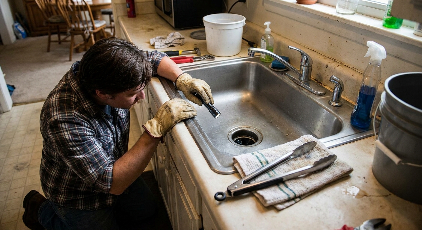 A person shining a flashlight into a kitchen sink garbage disposal opening while holding metal tongs nearby, realistic home maintenance scene