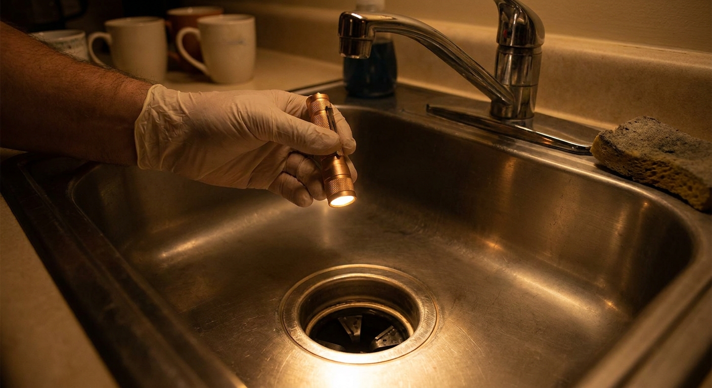 A person shining a small flashlight into a kitchen sink drain opening to inspect a garbage disposal, close-up photo with warm indoor lighting