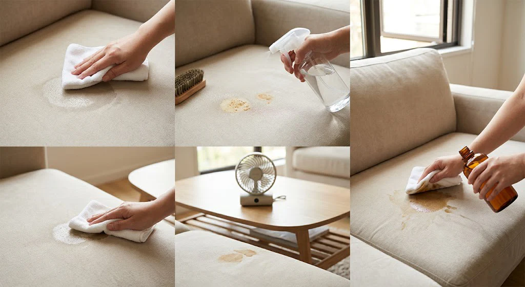 A person spot-cleaning a light-colored chaise cushion using a microfiber cloth in a calm living room, realistic photography