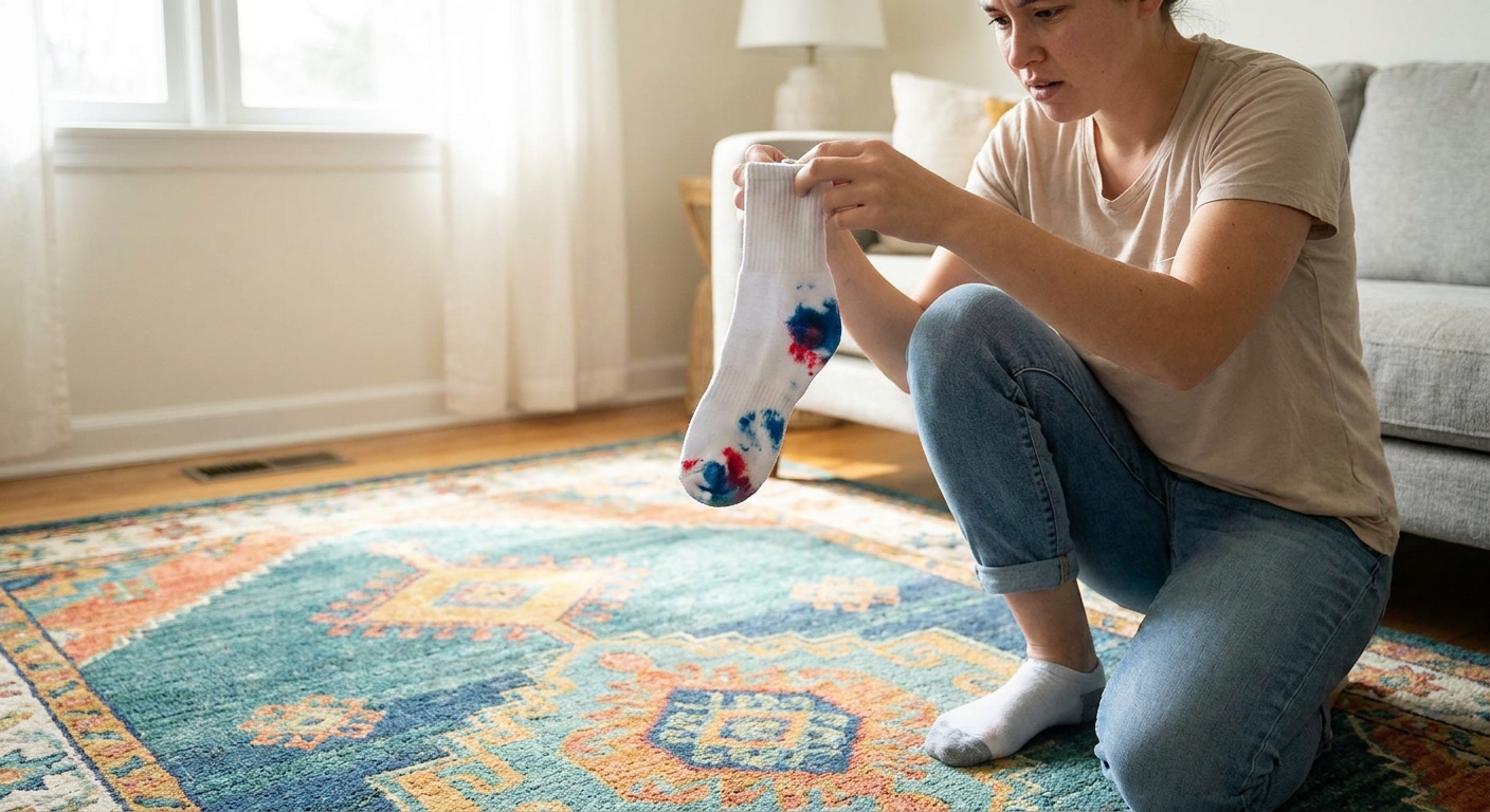 A person standing beside a colorful new area rug while holding a white sock with visible dye staining near the toes, photographed indoors in soft daylight