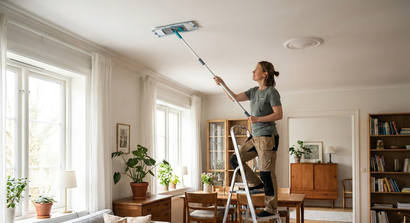 A person standing on a step ladder gently wiping a white painted ceiling with a microfiber cloth attached to a flat mop, soft daylight, realistic home photo