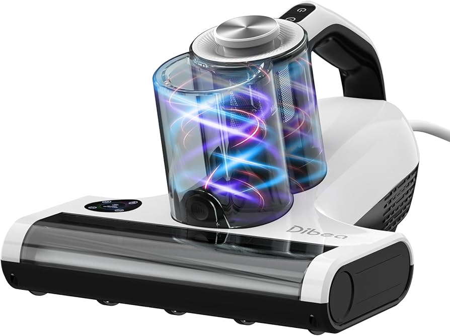 A person using a HEPA vacuum upholstery attachment on a light-colored fabric sofa cushion in a bright living room, realistic home photography style