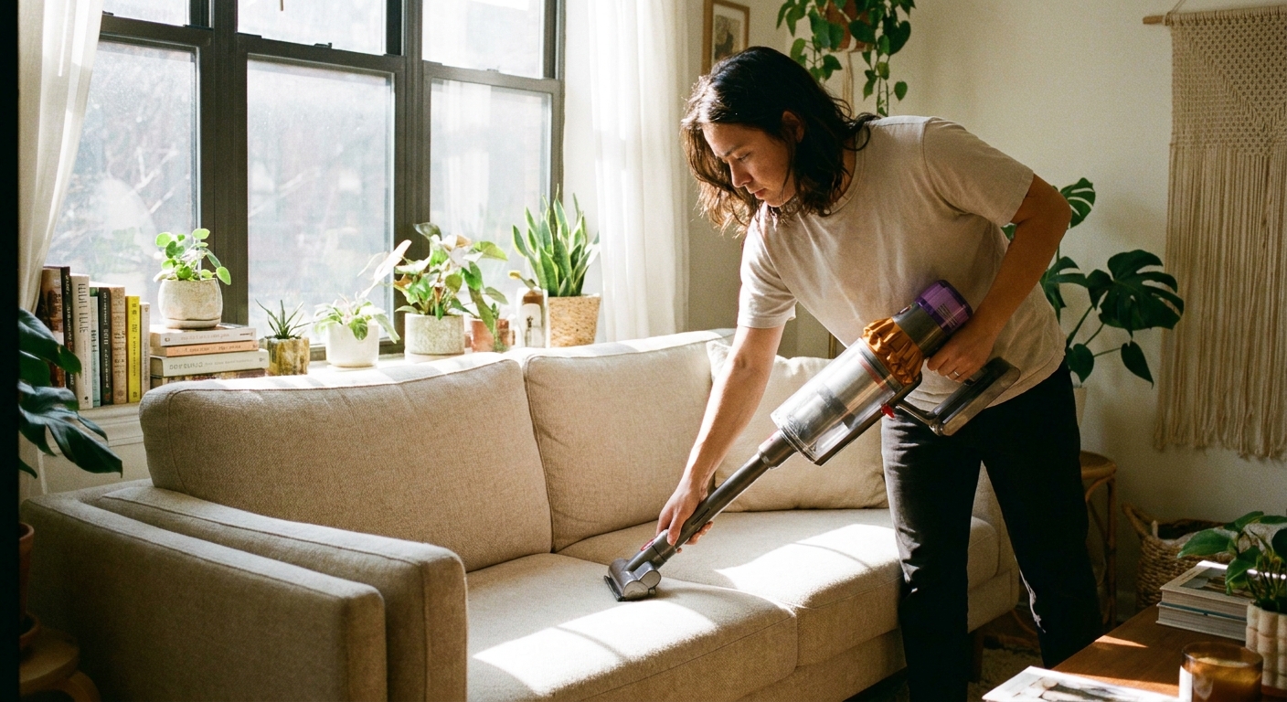 A person using a HEPA vacuum with an upholstery attachment on a light-colored fabric couch in a bright living room, real photo style