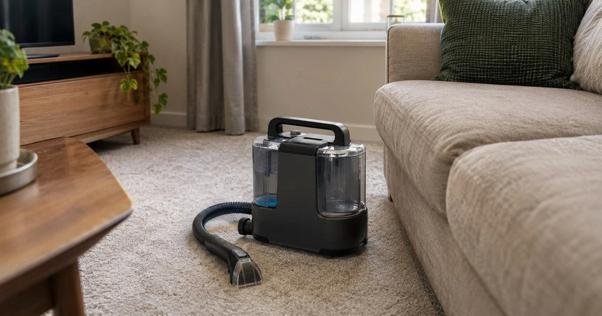 A person using a compact carpet extractor on wall-to-wall carpet in a small apartment living room with a floor fan running nearby